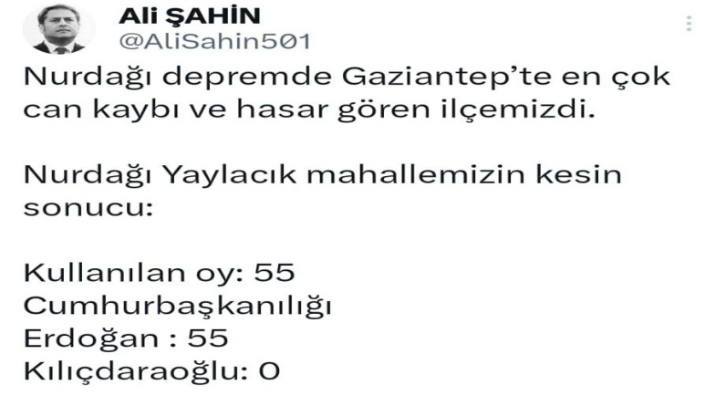 نتائج صندوق في مناطق الزلزال :صفر  أصوات لكليتشيدار أوغلو